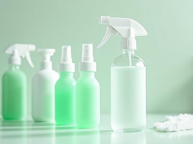 Assortment of reusable cleaning bottles being refilled with a concentrated cleaning solution.
