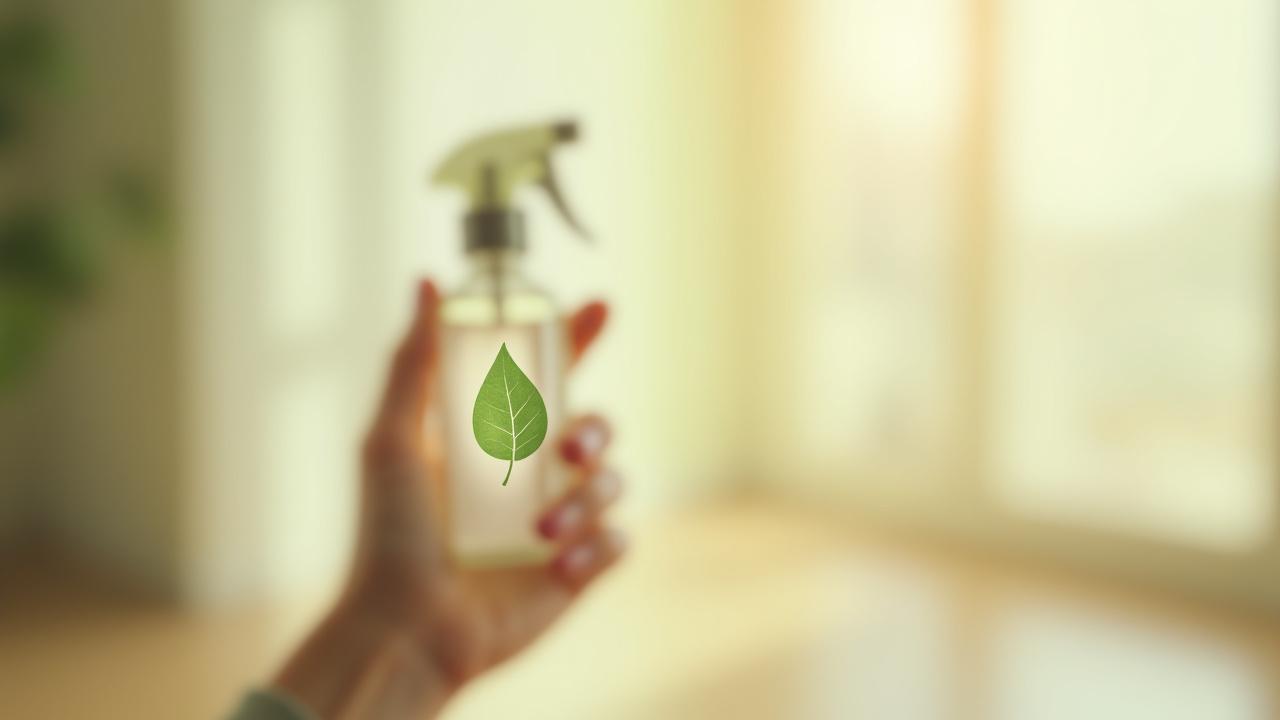 A hand gently holding an eco-friendly cleaning spray bottle with a prominent leaf logo, set against a blurred background of a clean, bright home interior.