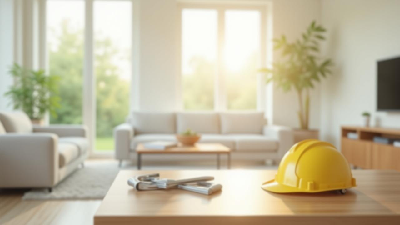 Spotless new living room after a renovation, ready for move-in, with subtle construction elements in the background, like a cleaned hardhat or tools put away.